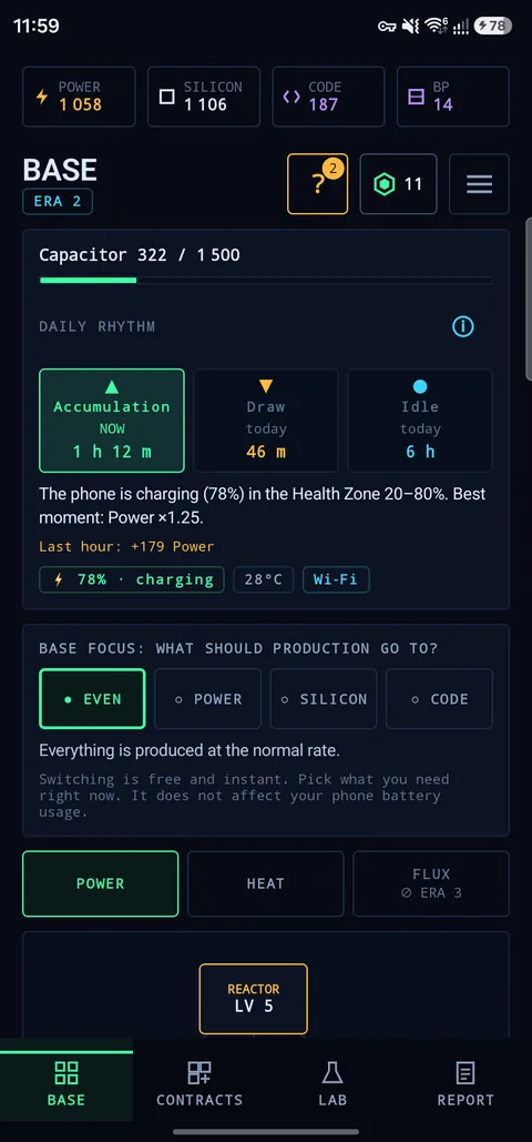 Base screen: Capacitor with stored Power, the Daily Rhythm card with Accumulation, Draw and Idle times, and the Base Focus switch.