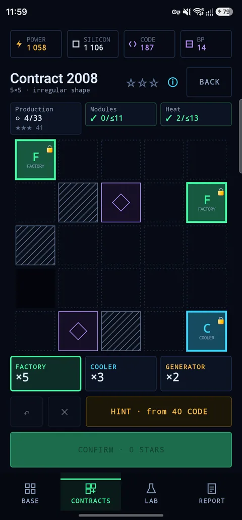 Contract puzzle board in Era 2: an irregular 5×5 grid with blocked cells, Source tiles, placed Factories and a Cooler, and goals for production, modules and heat.