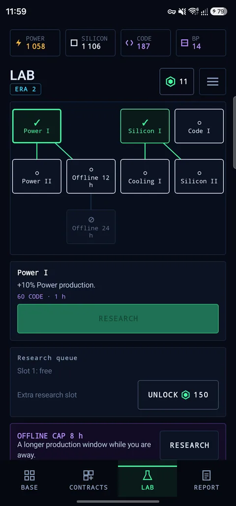 Lab research tree and the Reboot panel showing Era progress.