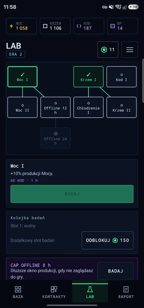 Drzewko badań w Labie i panel Rebootu z postępem Ery.