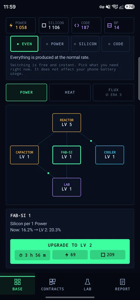 Base screen with the node map (Reactor, Capacitor, Silicon Fab, Cooler, Lab) and the upgrade button.