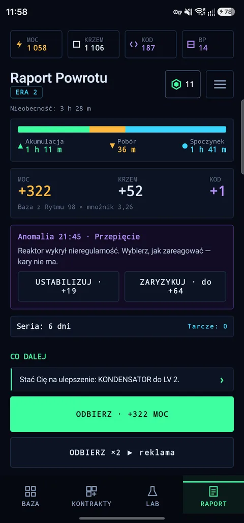 Ekran Raportu Powrotu z osią nieobecności podzieloną na Akumulację, Spoczynek i Pobór.